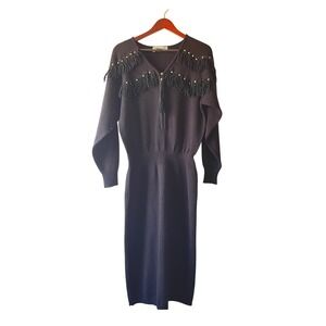 Vintage 80s Western Sweater Dress Midi Black Fringe Embellished Gold sz medium‎